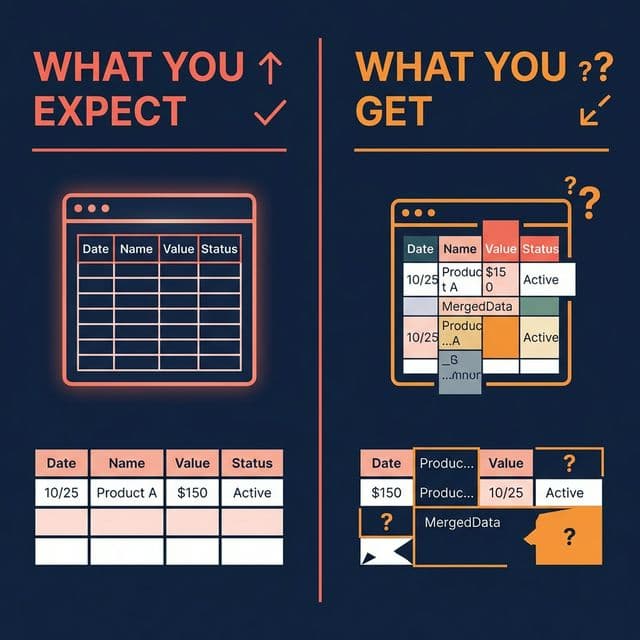 Generic PDF converter output showing scrambled financial data compared to expected clean spreadsheet