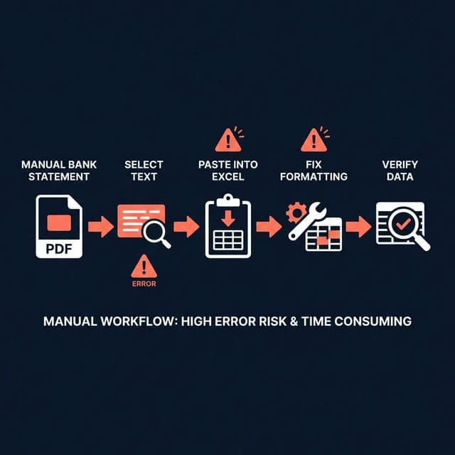 Manual bank statement to Excel workflow showing multiple error-prone steps