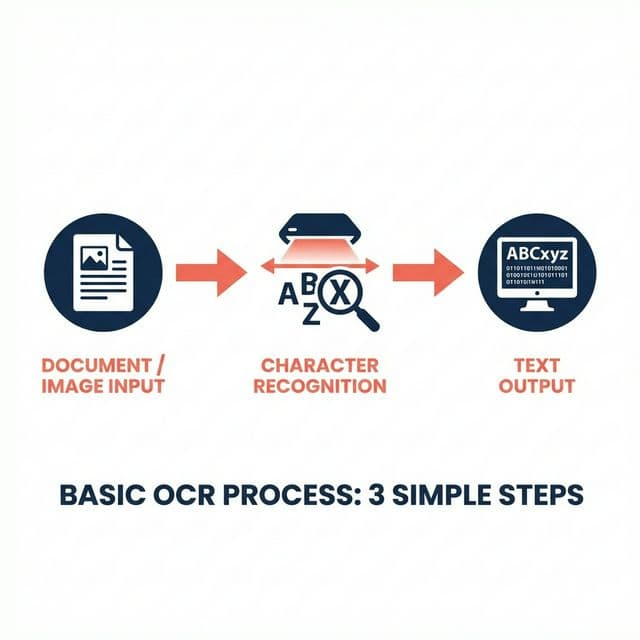 How basic OCR works in three steps: document input, character recognition, text output