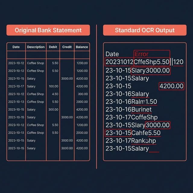 Standard OCR output from a bank statement showing scrambled columns, missing decimals, and misaligned transaction data