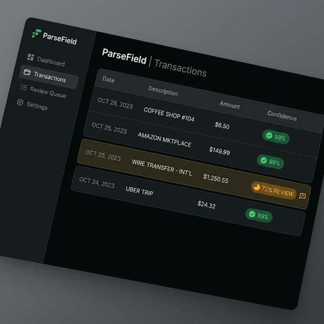 ParseField AI extraction showing bank statement data with green and amber confidence scores on individual fields