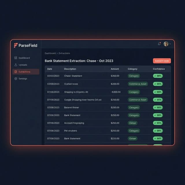 ParseField AI extraction interface showing bank statement data with confidence scores on every field